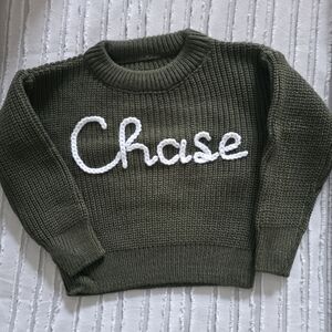 Olive Knit Sweater with White Embroidery "Chase"